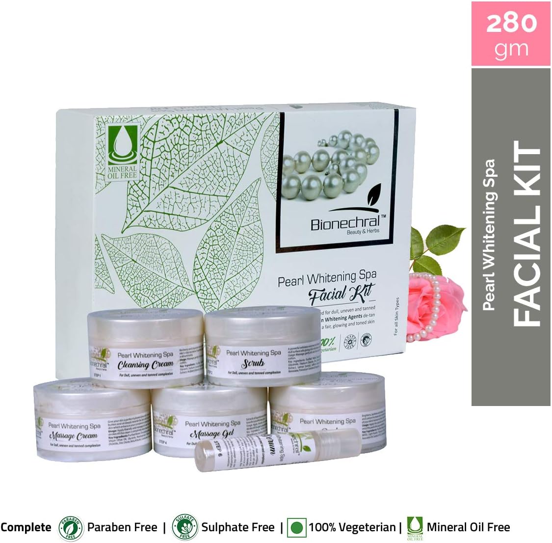 Bionechral Pearl Whitening Spa Facial Kit 280g (6 Step Treatment) - No Mineral Oils, Parabens and Sulphates