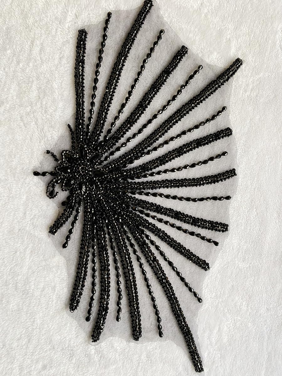 Handmade Rhinestones Beads Patches Trim Bodice apploique for Graduation Dress Evening Party Dress DIY Accessories 13.7X22inches (Black)