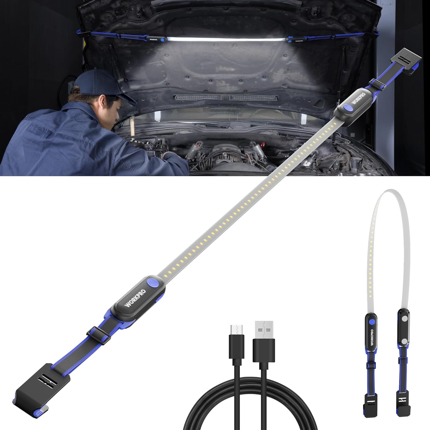 WORKPRO Rechargeable Underhood Work Light, 25inch Long Foldable LED Work Light Bar, 3 Lighting Modes with Adjustable Straps and Hooks, Magnetic Light for Car Repairing/Garage/Workshop/Emergency