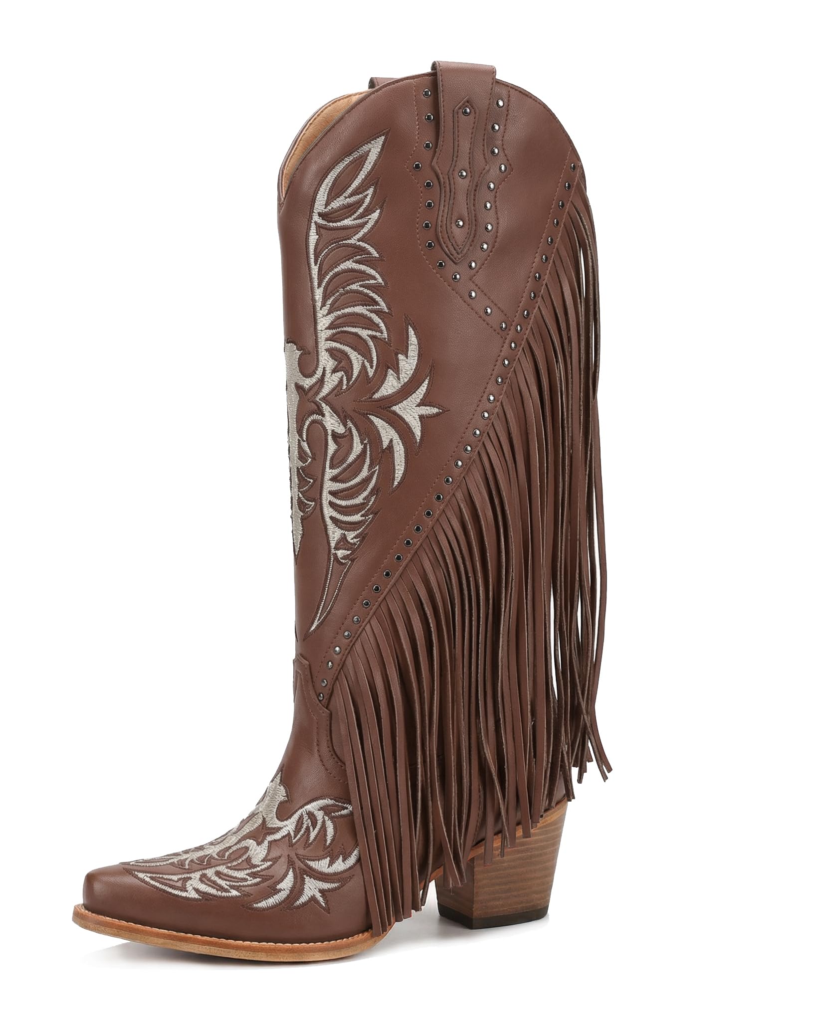 Women’s Cowgirl Western Boots with Fringe – Faux Leather Embroidered Knee High Cowboy Boots, Pointed Toe, Mid Heel 10.5 Brown a