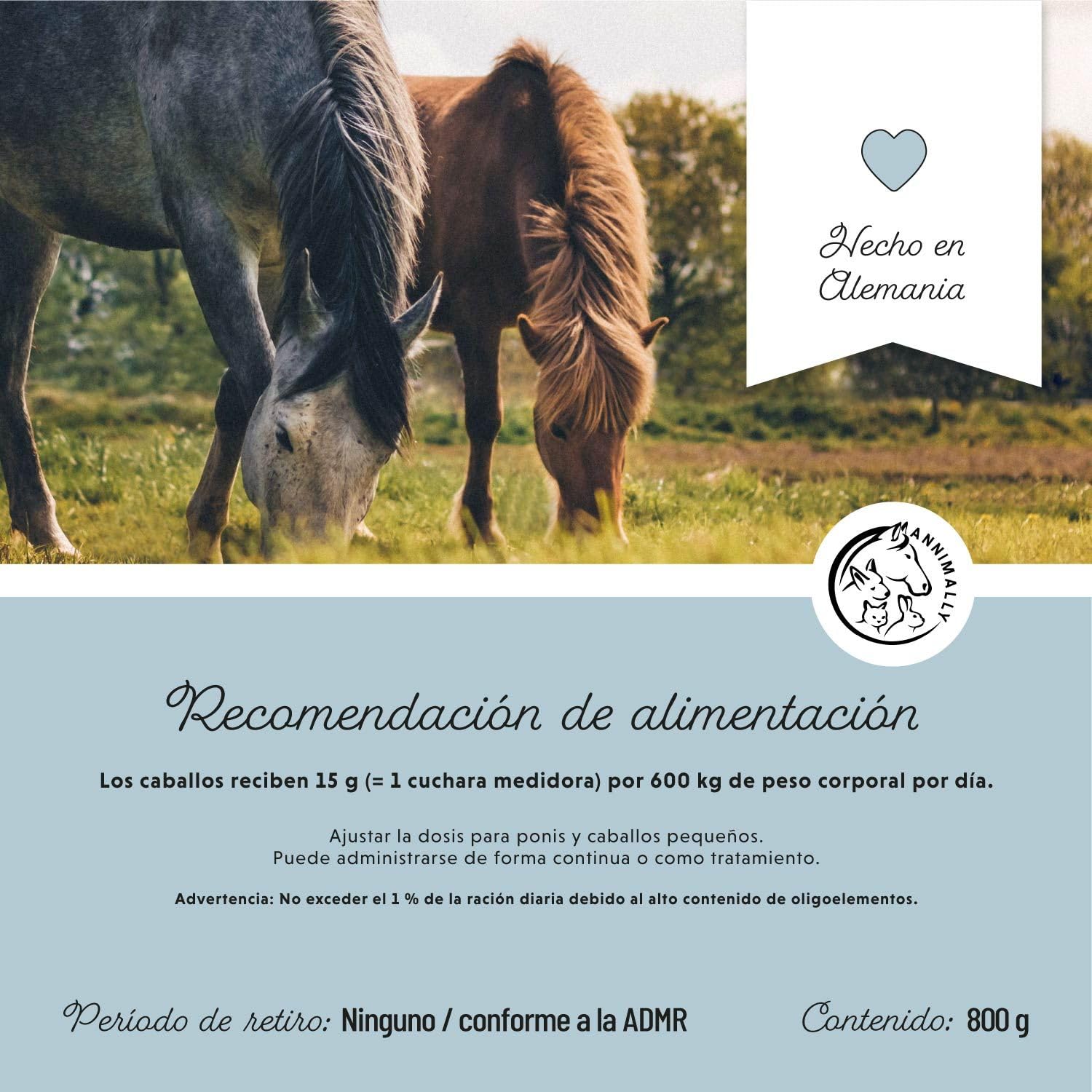 Annimally Selenio, Vitamina E, L-Lisina en Polvo para Caballos 800g - Complejo de Vitamina E, L-Lisina y Selenio para apoyar la Musculatura y el Rendimiento - Suplemento alimenticio para Caballos