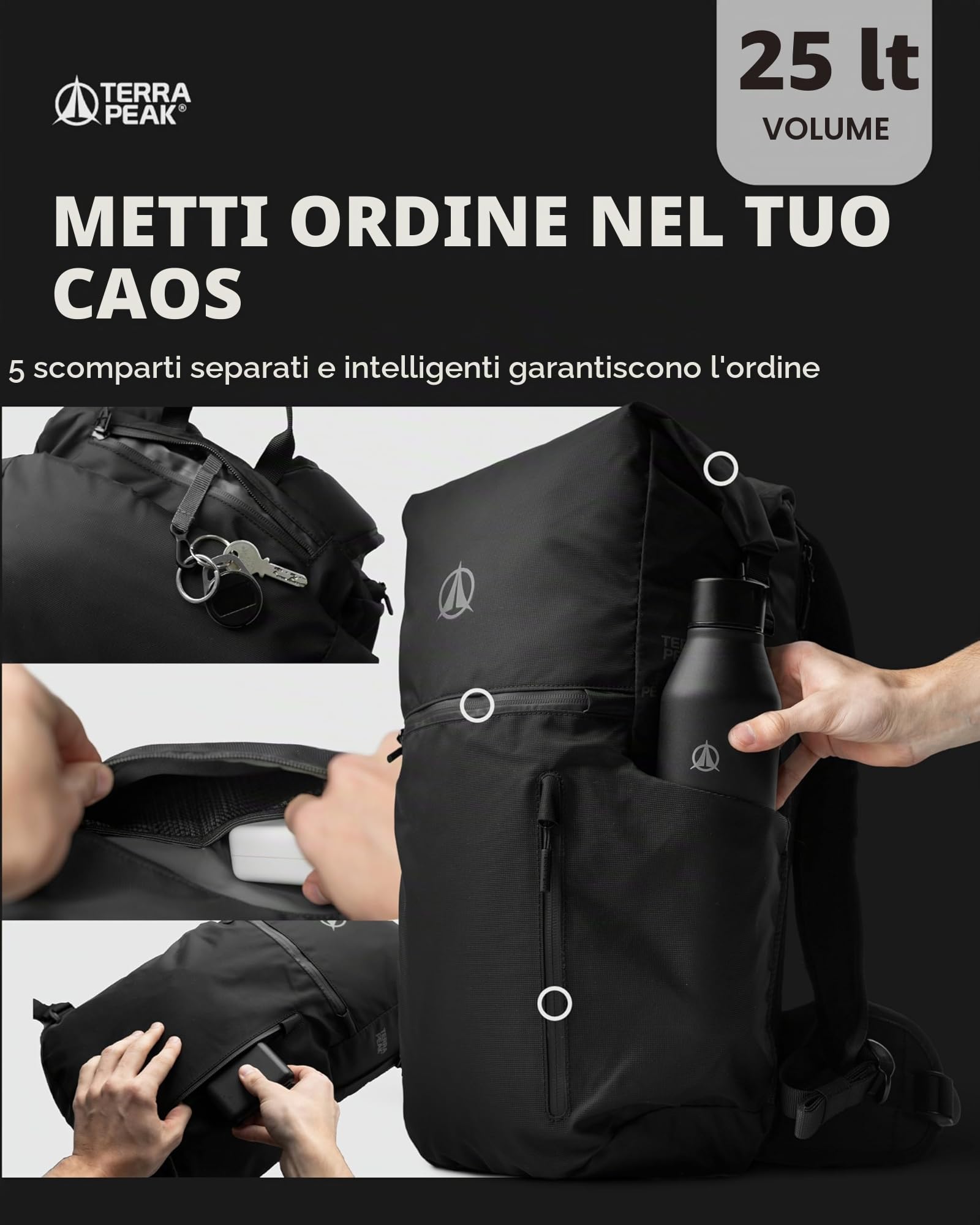 Terra Peak® Zaino Rolltop 20-25 litri (46x26x17cm) donna e uomo (HELIN) nero - Zaino da viaggio (per il bagaglio a mano) e giorno con scomparto per laptop (15 pollici) - Daypack e Backpack ergonomico