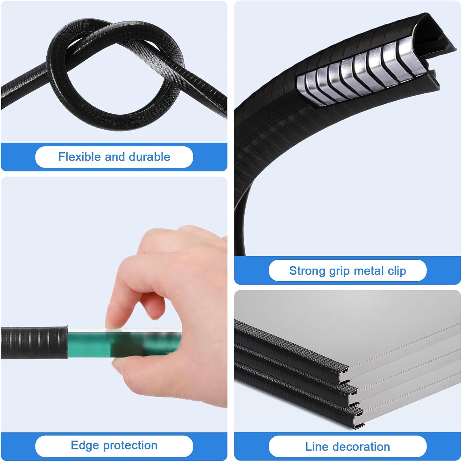 20ft U-Shape Edge Trim Fits 1/2" Edge, Rubber Strip with Metal Clips for Edges Protector, Black Edges Banding Strip for Sharp/Rough Surface, Tables, Cars, Door Frame, Boat & More