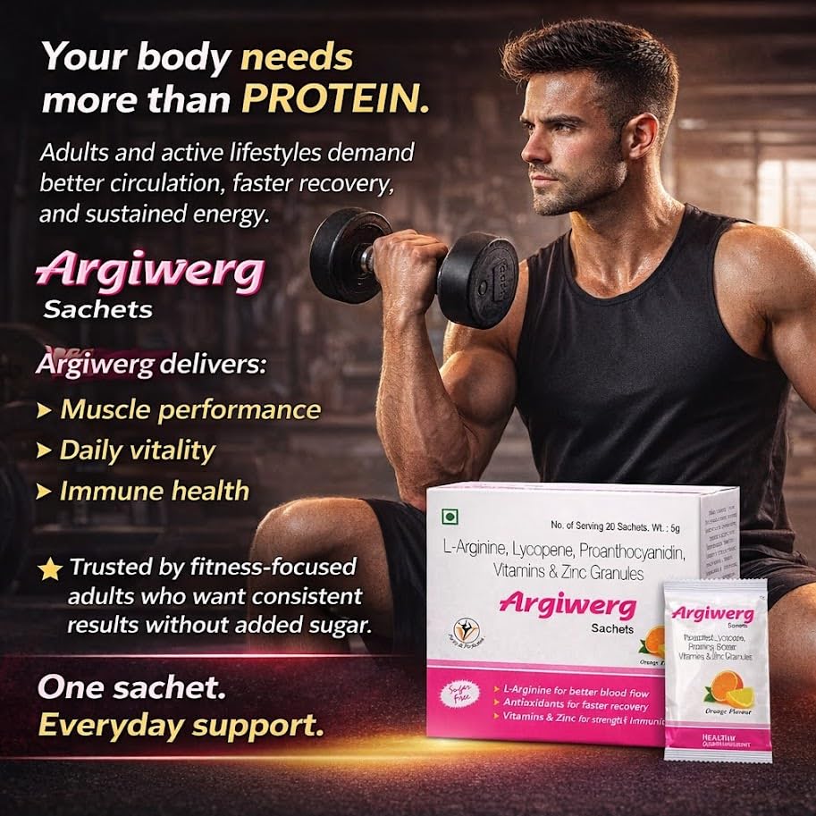 Image of Argiwerg L-Arginine, Lycopene, Proanthocyanidin, Vitamins & Zinc Granules Sachets | Nutritional Supplement for Energy, Stamina & Wellness Support | Orange Flavour | 20 Sachets