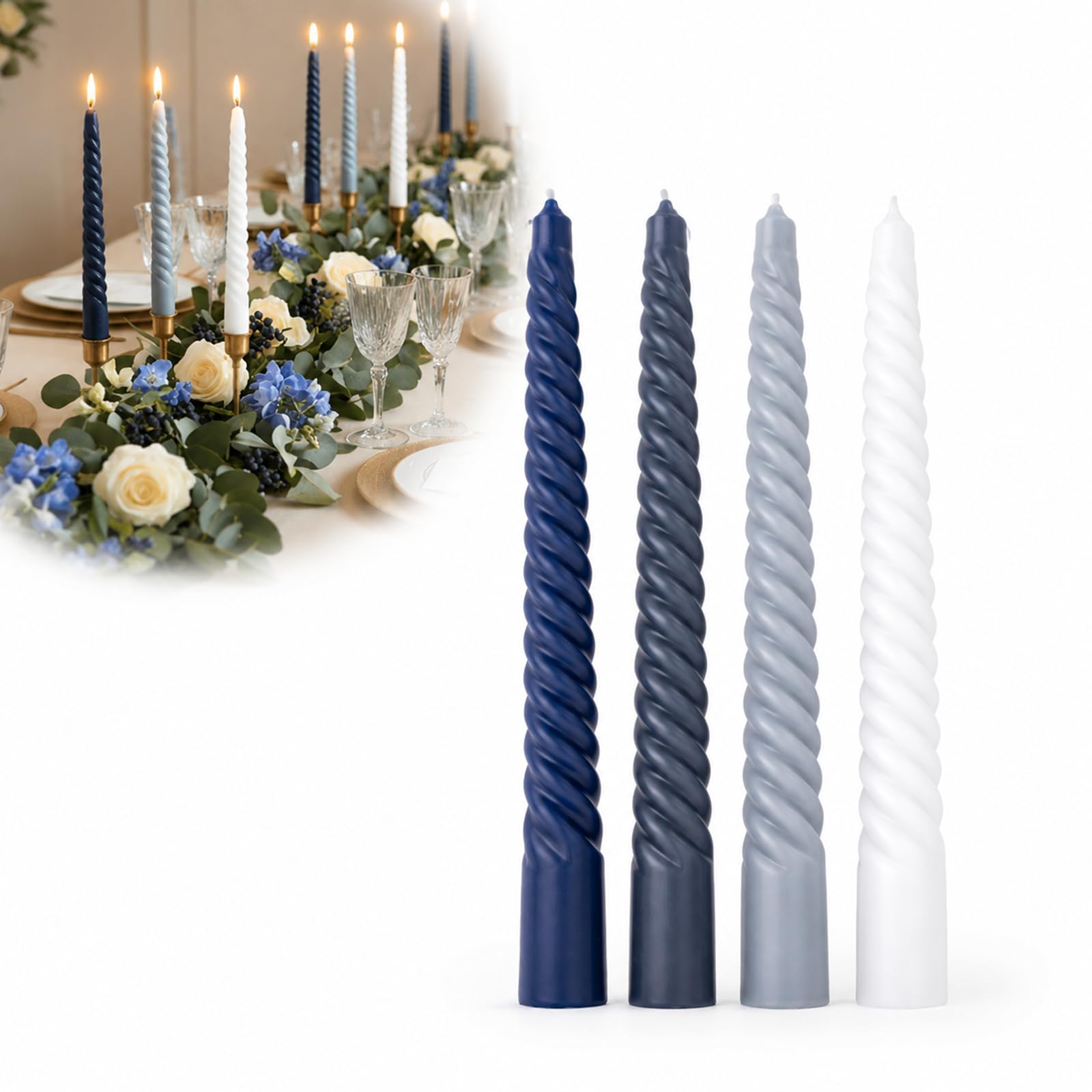 Spiral Taper Candles, Twisted Long-Stem Dinner Candles, Blue, 4-Pack