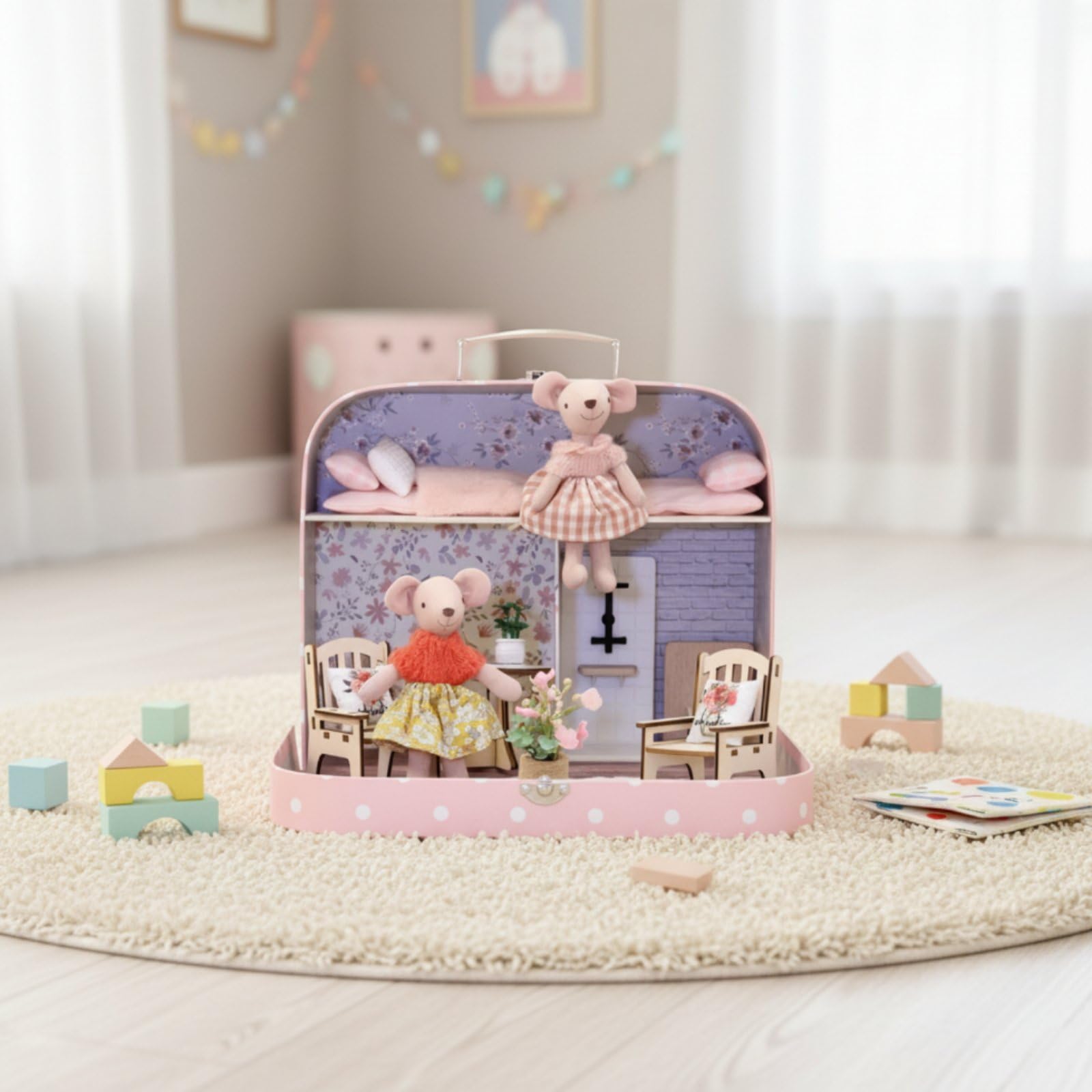 Puppenhaus Koffer Spielset Puppenhaus Spielzeug Miniaturhaus Reisespielzeug Tragbar mit Rollenspiel Zubehör Pflanzen Badezimmermöbeln Und Dekorierten
