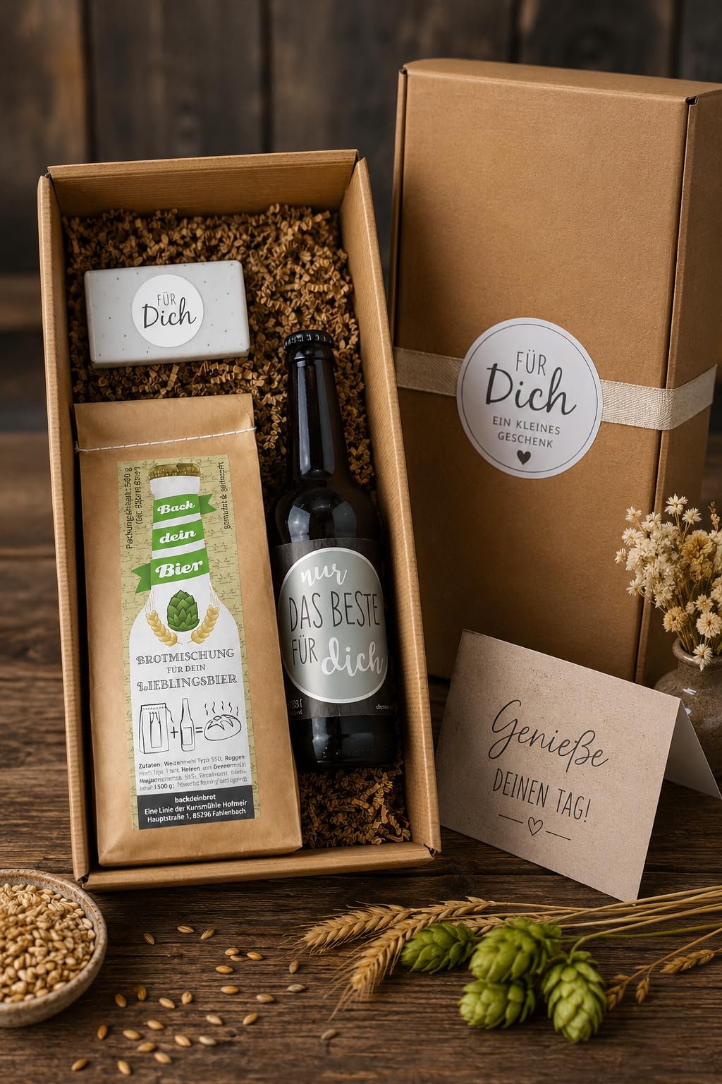 5x Brotback-Box „Back dein Bier“ Geschenkset – Backmischung für Brot 560 g, Exportbier 330 ml, Mini-Schokolade 40 g – Geschenkbox für Männer & Bierliebhaber
