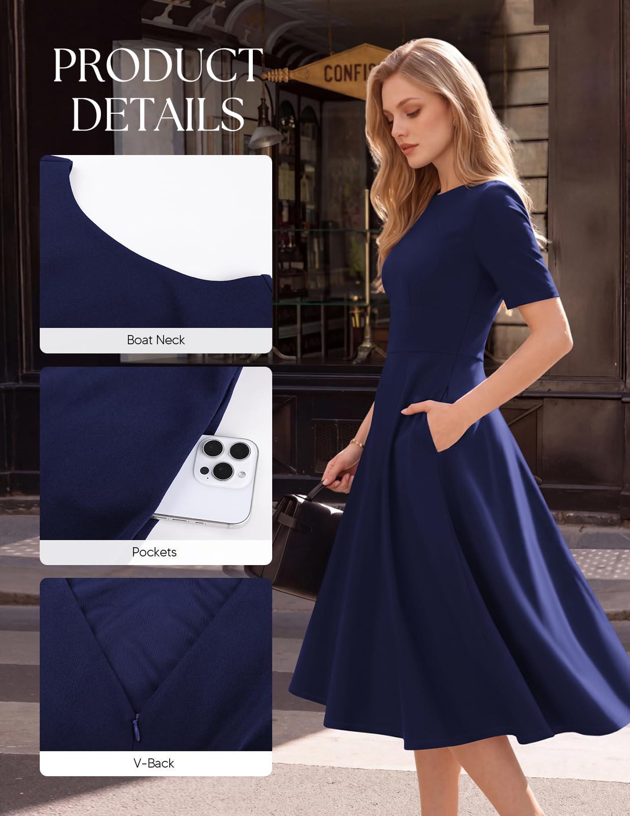 Belle Poque Elegante Kleider Damen A-Linie Sommerkleid Midi | Midikleid Damen mit V-Ausschnitt am Rücken, Seitentaschen in der Naht, weicher hautfreundlicher Stoff, mittlere Elastizität