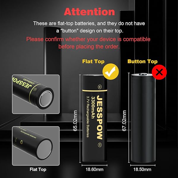 3.7 Volt Rechargeable Battery Flat Top, 4 Pack 3300mAh High Power Long Lasting 18650 Rechargeable Battery for Flashlight, Camera, Small Fan, Outdoor Garden Lights - 2
