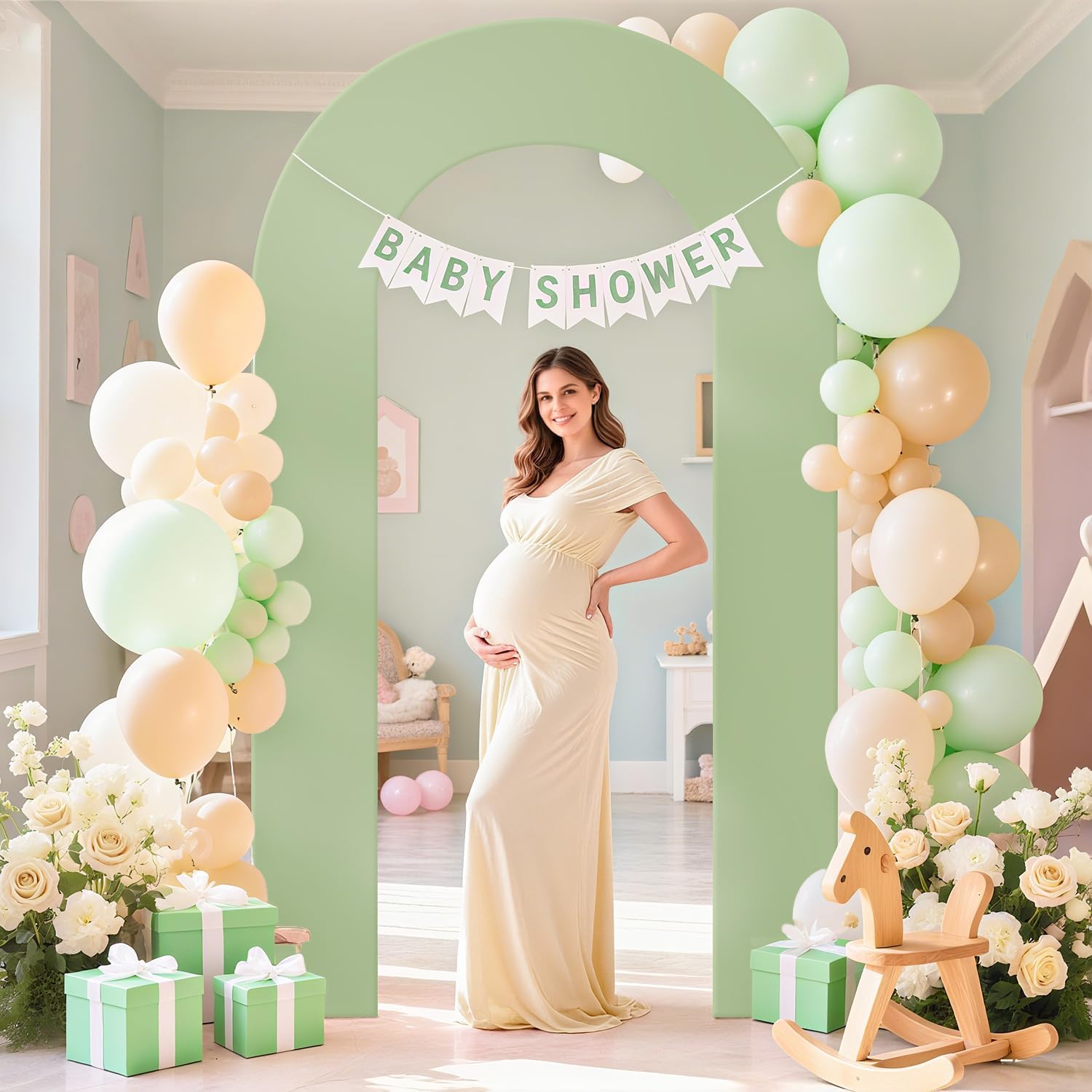 7.2FT Open Arch Backdrop Cover Green Wedding Arch Covers U-Shaped Spandex Fitted Arch Backdrop Cover Chiara Arched Stand Covers for Wedding Baby Shower Happy Birthday Party Decorations