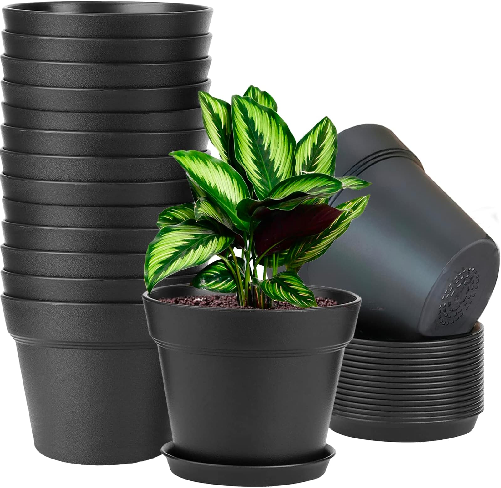 Feefuzz Flower Pots,Pots with Drainage Hole,Plastic Flower Pots with Pallet Set of