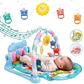 Tapete de Atividades Musical com Piano para Bebê, Arco de Brinquedos Interativos, Estampado e Cores Vibrantes (Azul)