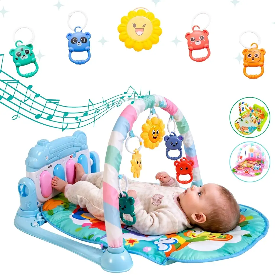 Tapete de Atividades Musical com Piano para Bebê, Arco de Brinquedos Interativos, Estampado e Cores Vibrantes (Azul)
