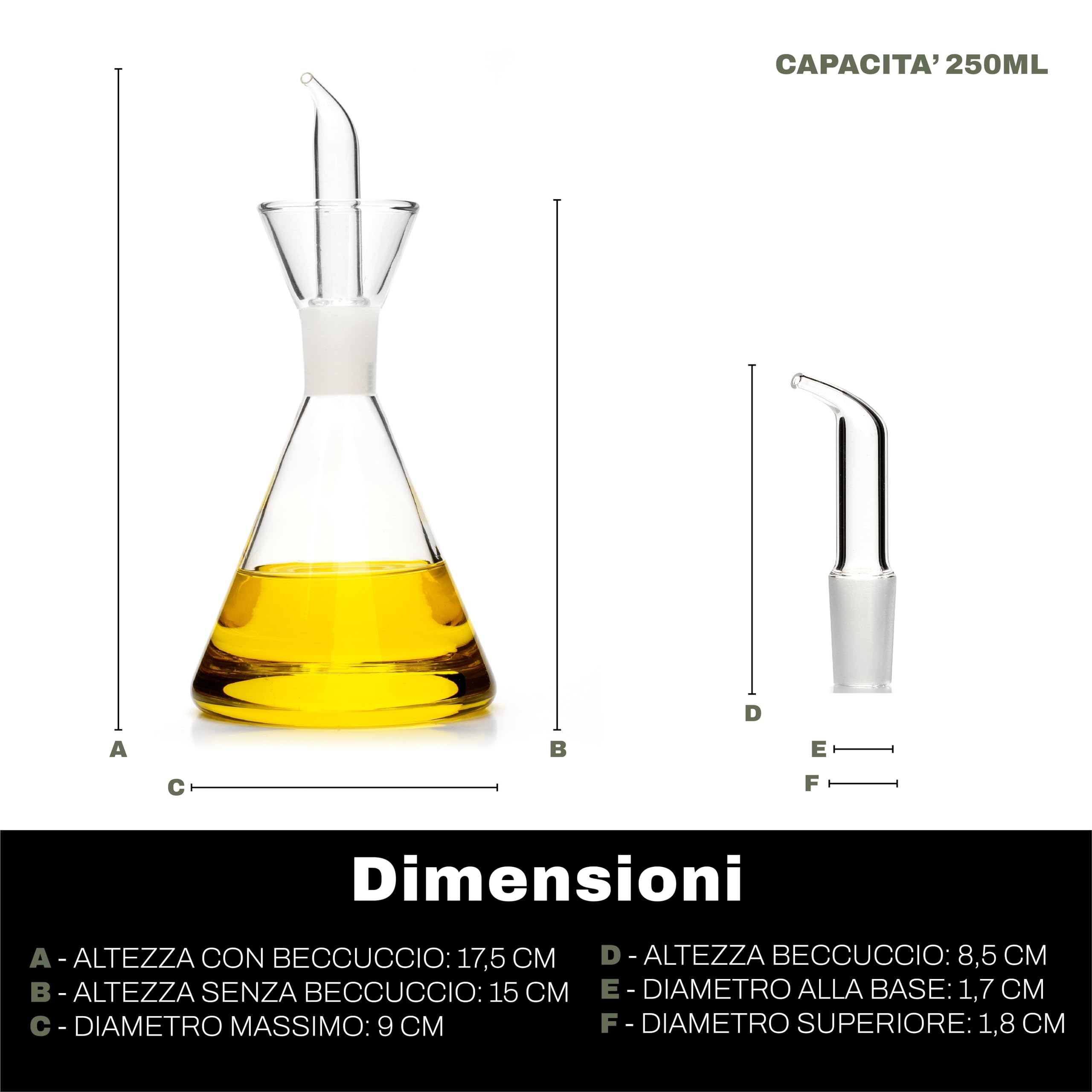 CLASSE ITALY Ölkanne aus Borosilikatglas, 250 ml, konisch, inkl. Ersatzausgießer, patentierter Tropfverschluss, BPA- und bleifrei, 2 Stück