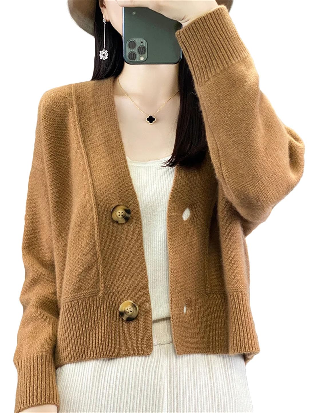Damen Wolle Cardigan V-Ausschnitt Langarm Kaschmir Strickwaren Herbst Winter Pullover Vintage Tops