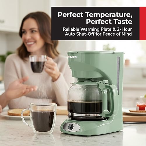 Miniatura 3 de MUELLER HOME Cafetera verde de goteo de 12 tazas, jarra de borosilicato, apagado automático, filtro reutilizable, antigoteo, función de mantener el