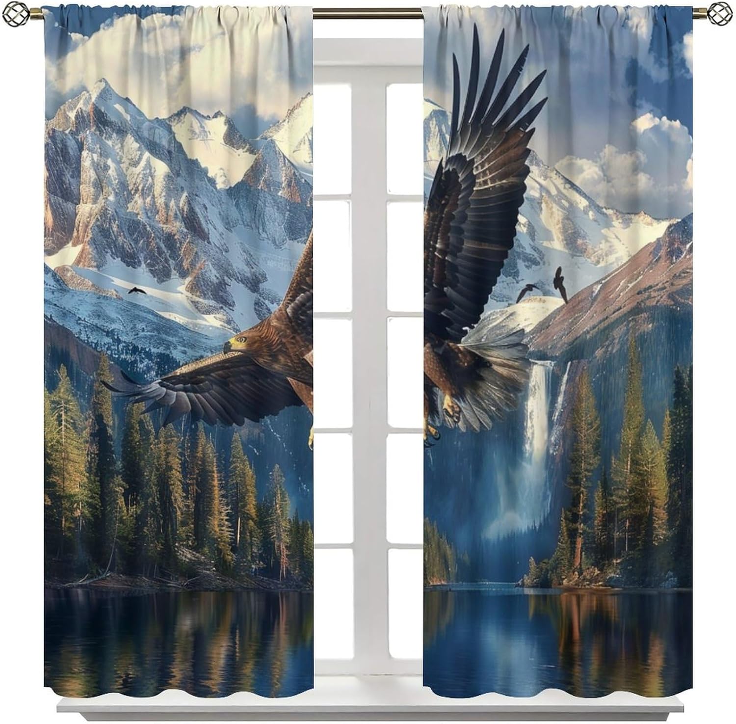 Rustic Bald Eagle Blackout Curtains for Bedroom Living Room, Rod Pocket Snowy Mountain Jungle Waterfall Curtains Thermal Insulated Window Drapes 2 Panels, Each 21W x 63L