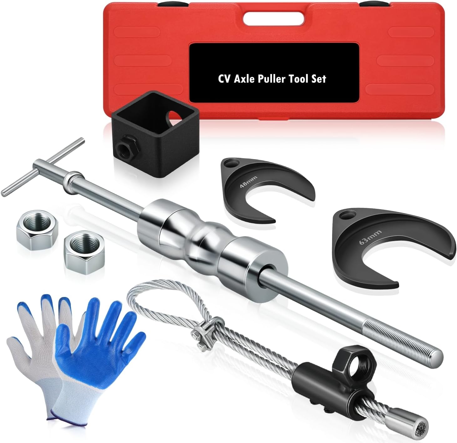 Auto Dynasty CV Axle Puller Tool Set Front Wheel Drive Axle Half Shaft Removal Tool Kit with Slide Hammer, 8 pc CV Joint Removal Tool and 63mm 48mm CV Joint Fork Adapter Cable Adapter Attachments