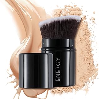 ENERGY Kabuki Foundation Brush Mini - Makeup Brush Retractable Travel for Liquid Loose Powder & Blush Buffing, Bronzer & Cream Blending, Angled Face Cosmetic Brushes Cruelty Free With Cover (Black)