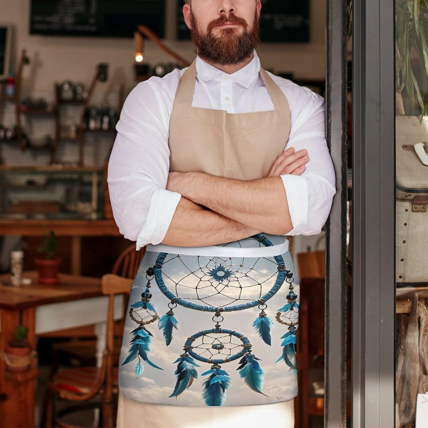 Native Dream Catcher Server Aprons for Women And Men Waterproof Half Apron with 3 Pockets Deluxe Oxford Fabric Waist Aprons Adjustable Chef Apron for Kitchen Bar Home