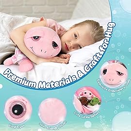 MorisMos Sea Turtle Stuffed Animal with Babies,14 in Mommy Turtle with 3 Baby Turtles Toys, 2 Plush Eggs inside Belly Pouch,Big-Eyed Stuffed Animal for Toddlers Kids,Pink Tortoise Gifts for Girls Boys