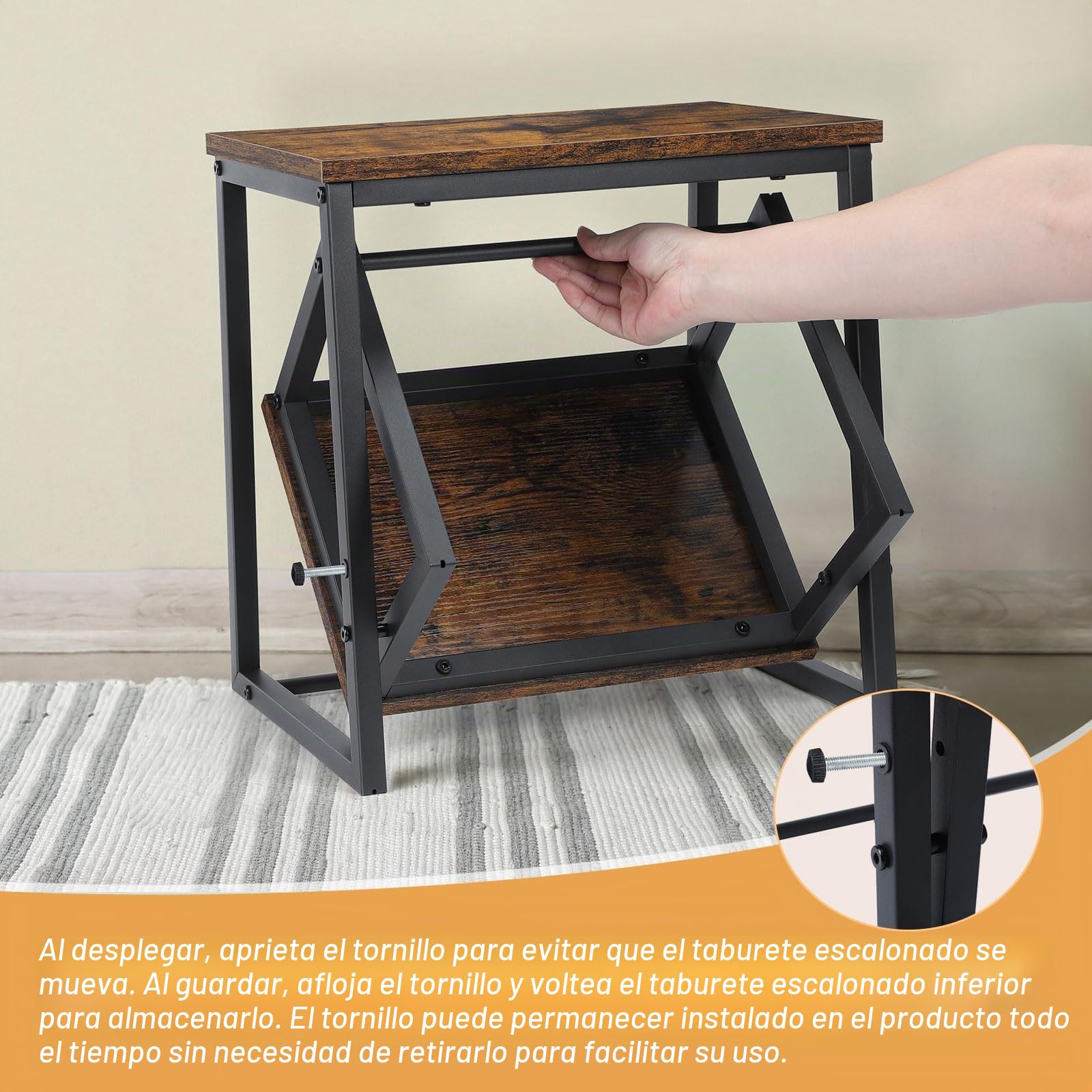 LIANTRAL Taburete 2 Niveles Reposapiés Extensible 2 en 1, Marco Metal, Madera, 160 kg, Marrón Retro