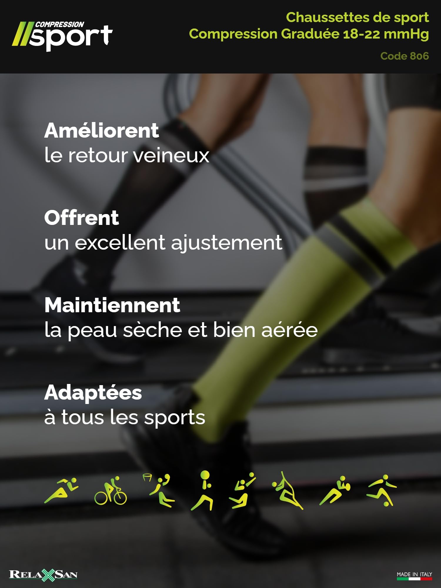 Relaxsan Chaussettes de Contention Femme et Homme, Sport et Running, Compression 18-22 mmHg, Made in Italy, 806