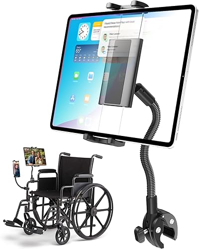 Charchendo Soporte para tablet con mango de silla de ruedas, soporte para tableta de teléfono para silla de ruedas con brazo de aluminio de 9.45