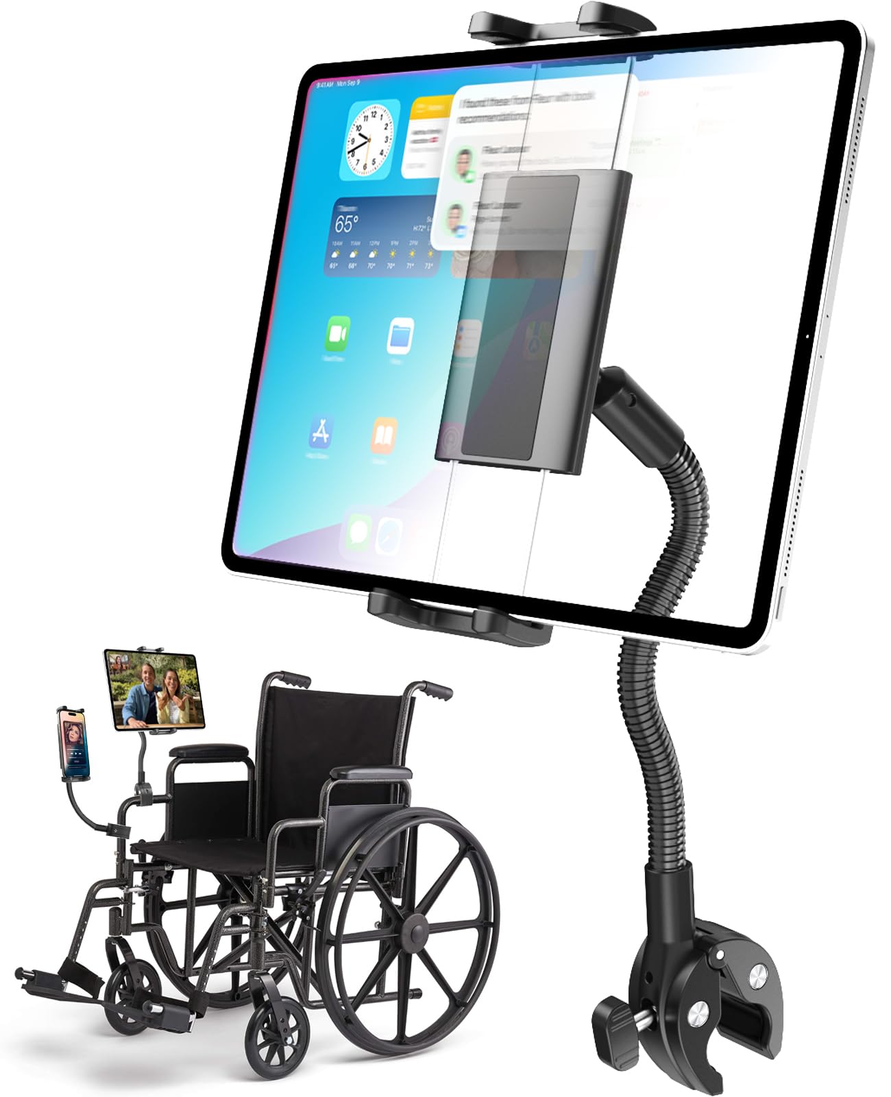 Charchendo Tablet Holder for Wheelchair Handle, Wheelchair Phone Tablet Mount with 9.45" Aluminum Arm 360° Rotation Adjustment Compatible with 4-13''