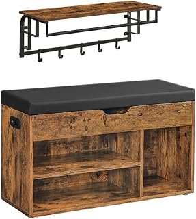 VASAGLE Shoe Bench and Wall Hung Coat Rack Set, with Padded Seat | Hall Bench with Concealed Storage Hat Rack with Clothes Rail and Removable Hooks, for Hallway, Rustic Brown