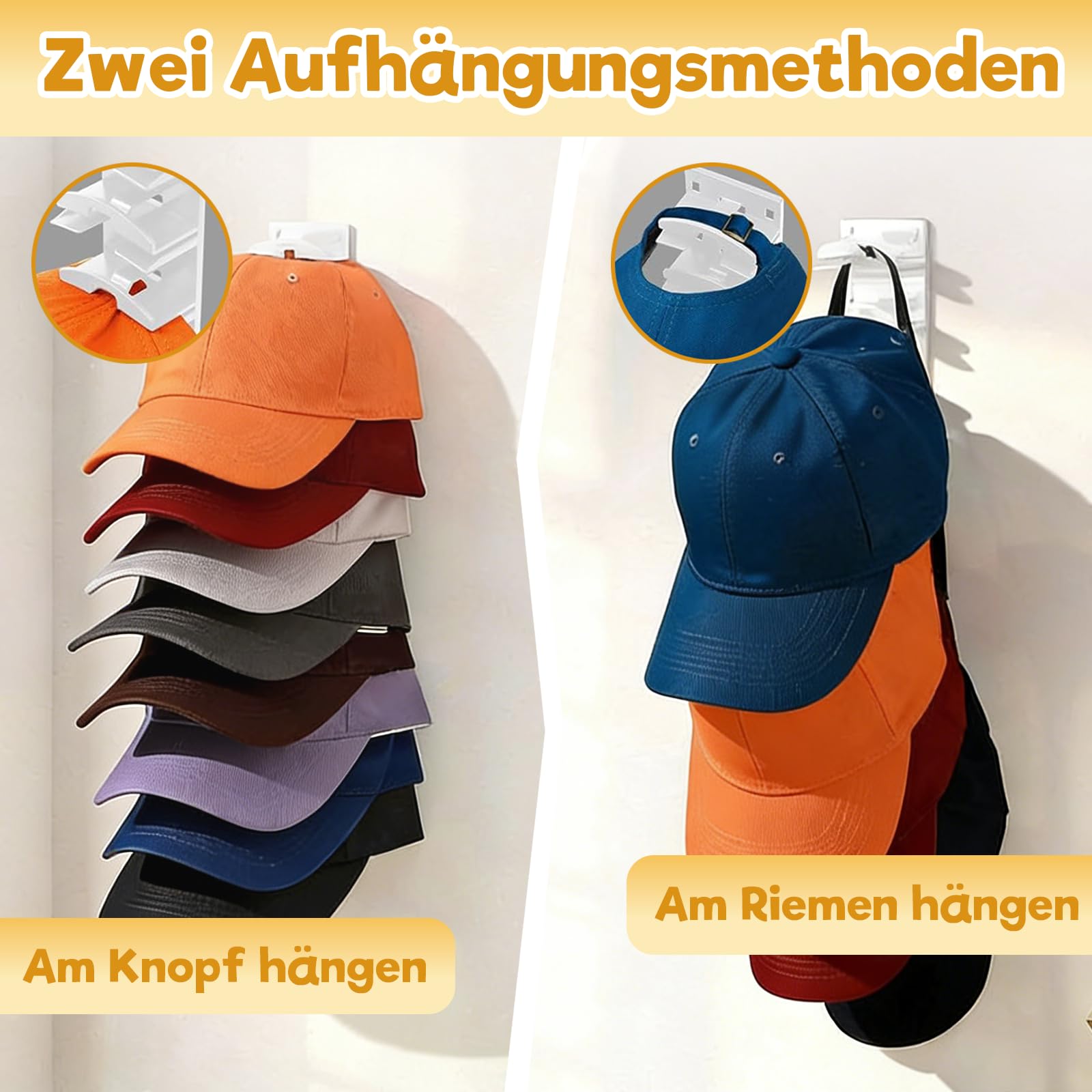 Kappenhalter – 2er-Pack selbstklebende Kappenhalters für bis zu 20 Kappen, praktische Kappenhalter für die Wand zur ordentlichen Aufbewahrung, Baseballkappenhalter für Kleide