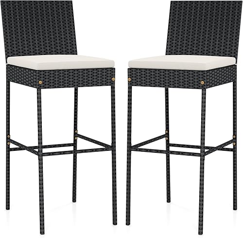 Miniatura 10 de Tangkula Juego de 2 taburetes de mimbre para patio, silla de bar para exteriores con cojín de asiento suave y reposapiés acogedor, marco de metal