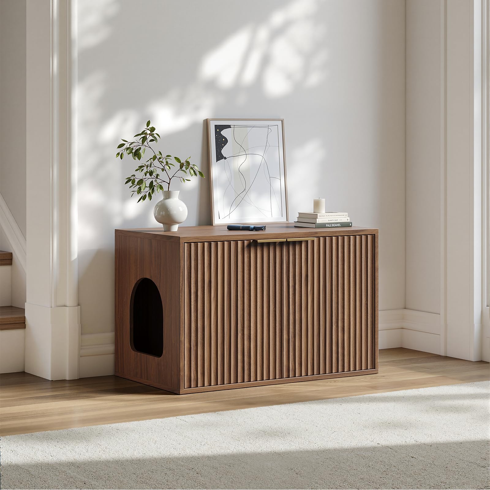 Evermagin 31.5" Walnut Cat Litter Box Enclosure Furniture, Large Hidden Litter Box Cabinet, Mid Century Modern Indoor Cat House Kitty End Table for Living Room, Entryway, Bedroom - image 7