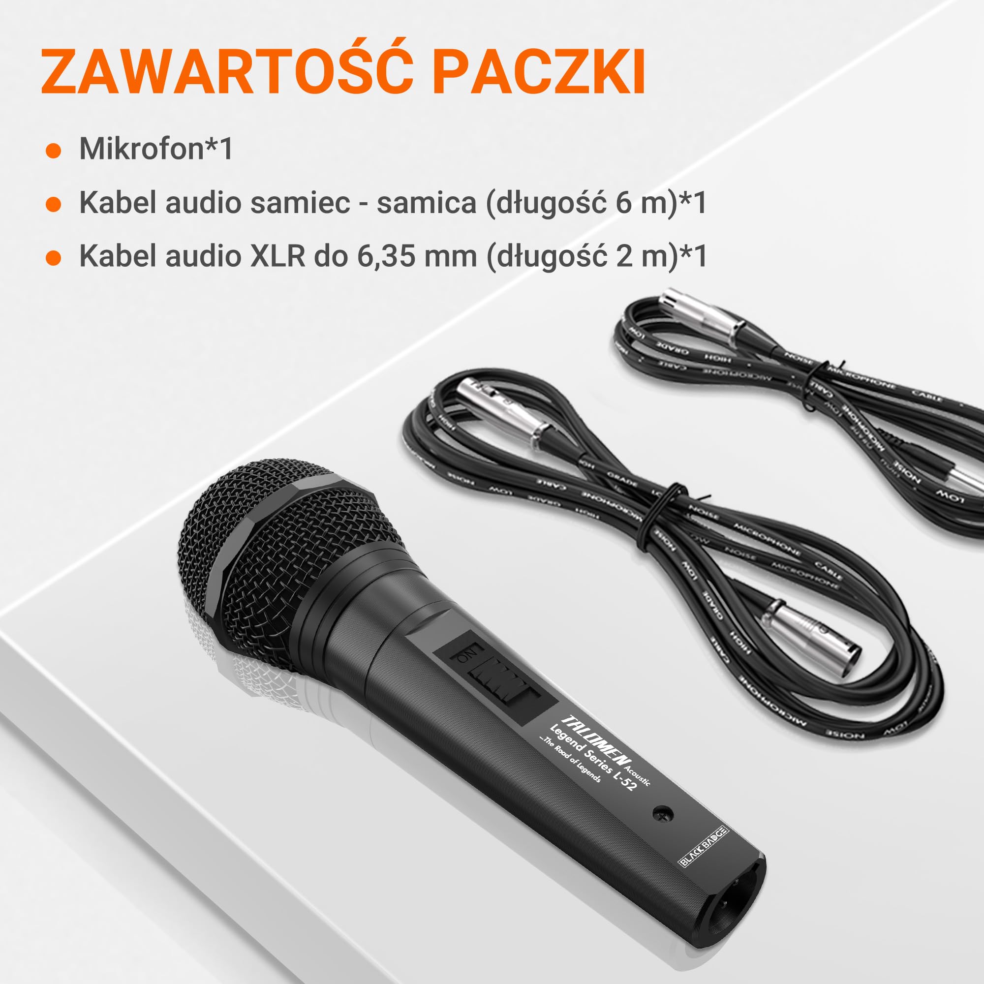 Talomen Profesjonalny Przewodowy Mikrofon Dynamiczny – Kardioidalny Mikrofon Ręczny z Kabli XLR 6 m i 2 m, Czysty Dźwięk do Śpiewu, Karaoke, DJ, PA, Wzmacniaczy, Plener – L52 Czarny