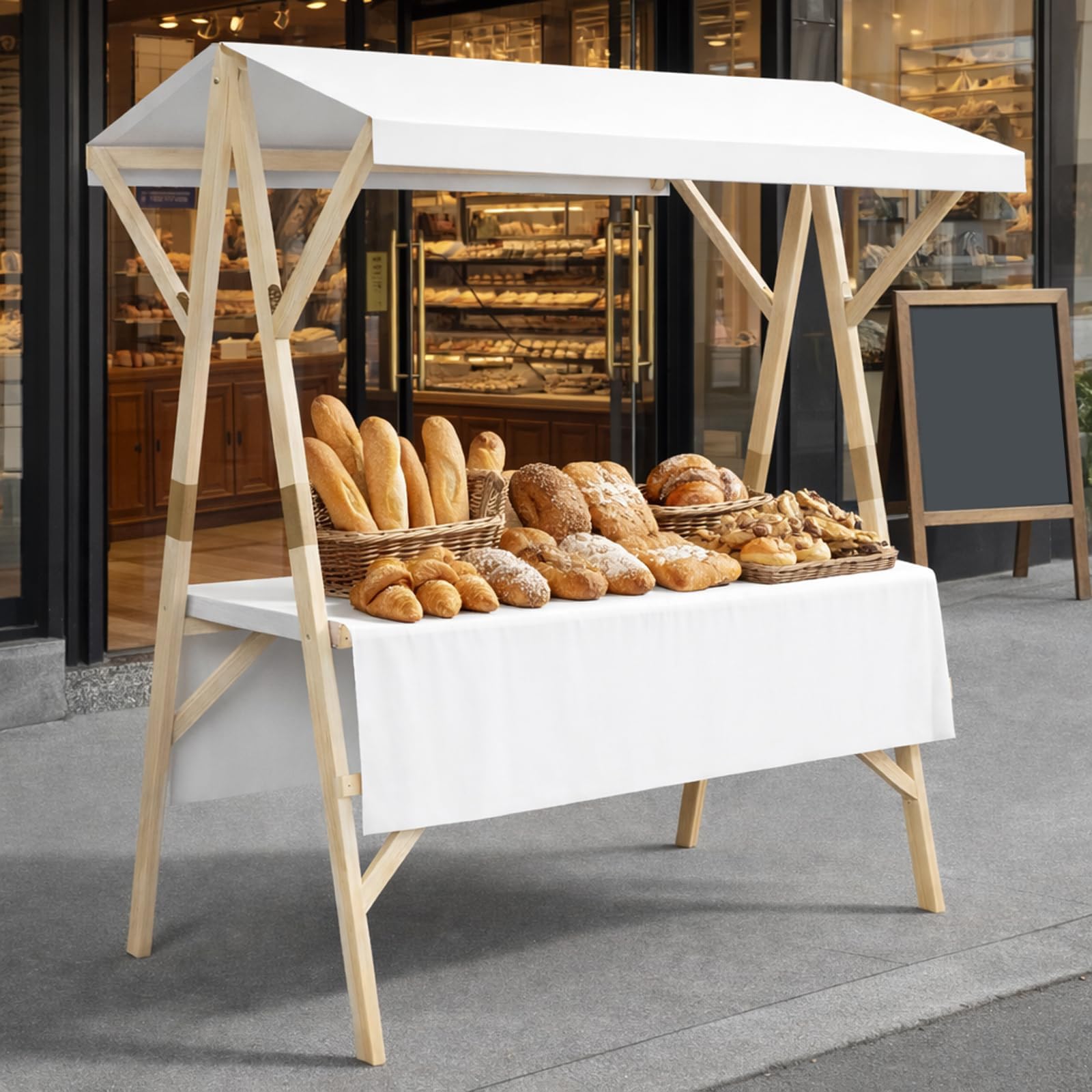Puesto de Venta Ambulante Plegable con Estructura de Madera Maciza, Capacidad de Carga de 100 kg, toldo Impermeable, fácil Montaje y Carrito portátil para Venta en mercados agrícolas (Blanco
