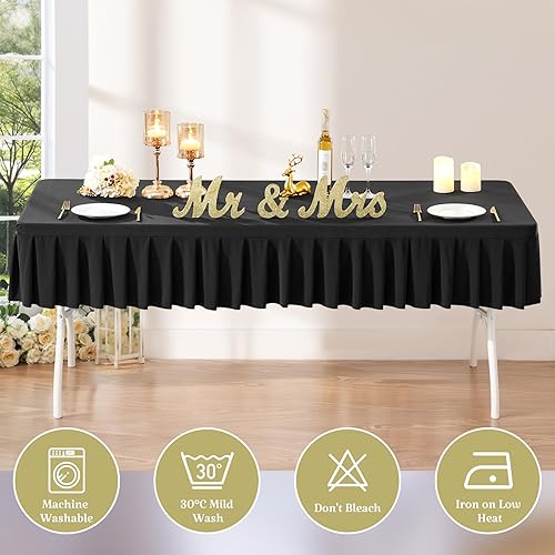 Miniatura 8 de Paquete de 1 mantel de elastano negro para mesa rectangular de 6 pies, mantel elástico sin arrugas, mantel ajustable de una pieza con falda plisada