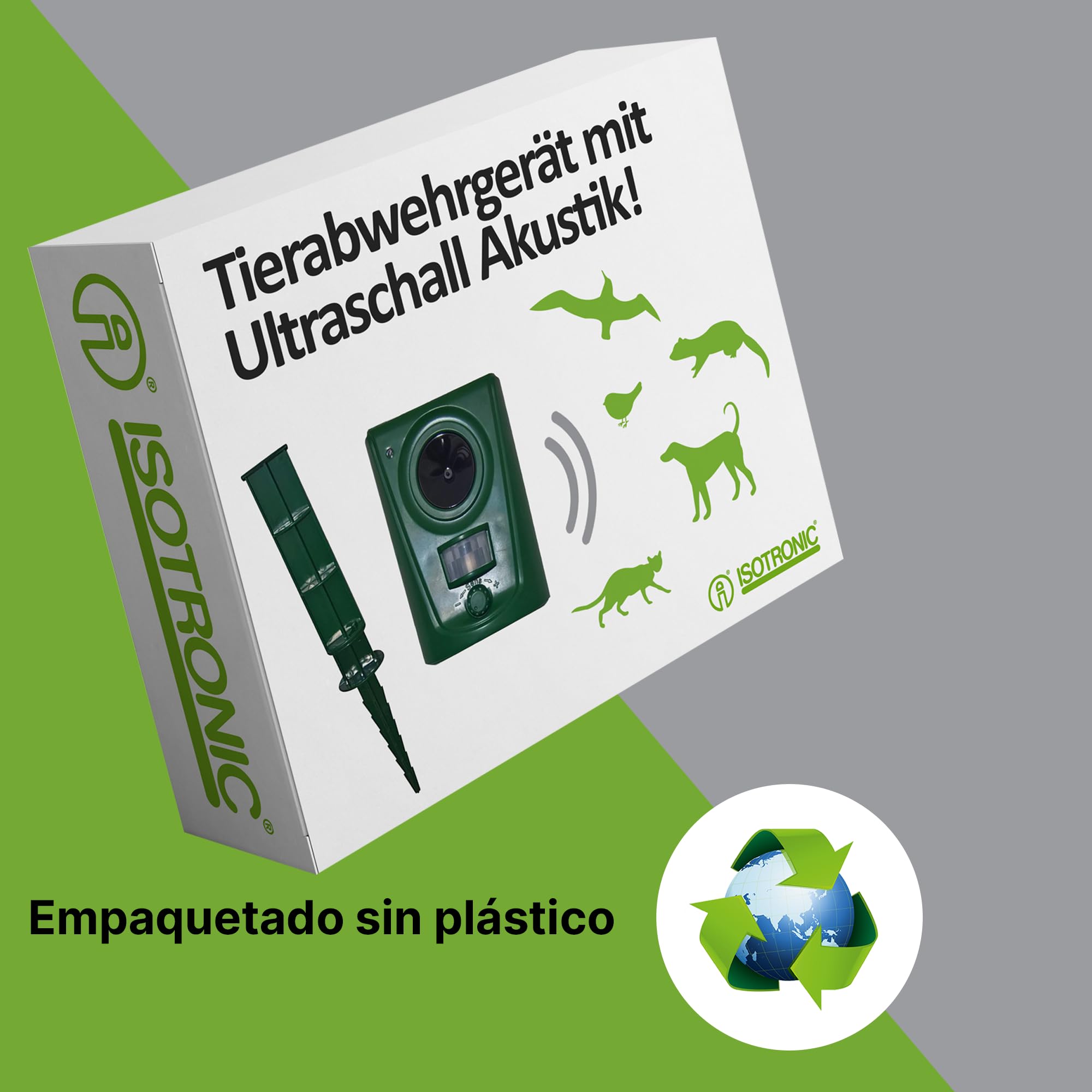 ISOTRONIC Repelente ultrasónico para Animales Salvajes, Aves, Perros, Gatos y martas. Dispositivo Repelente a Pilas con estaca para jardín. Alcance Efectivo de 60 m² (3 Unidades).