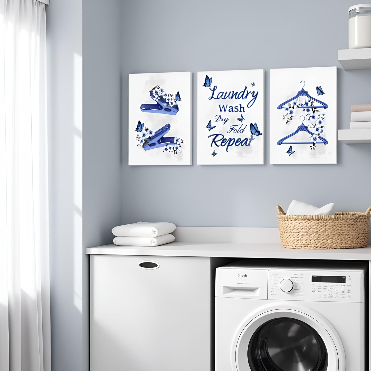 OuElegent Laundry Wall Art Decor 3-Piece Navy Blue Laundry Canvas Prints Blue and White Pictures 12''x16''x3 pcs
