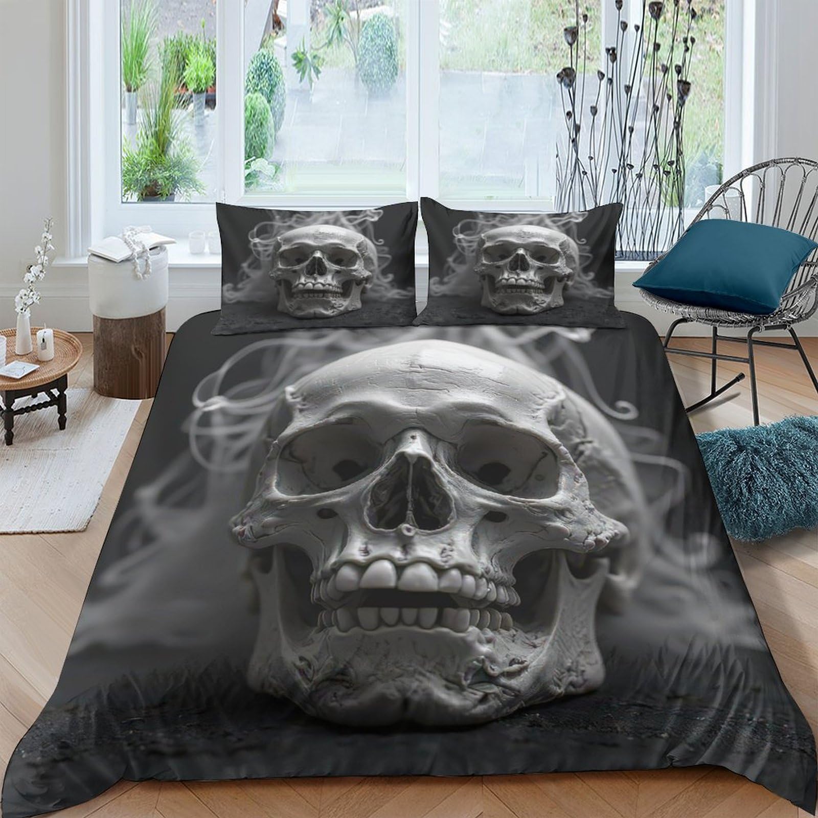 Ctjqhvkz Style-6 3D Printed Skull Smoke Fitted Sheet Microfiber Black Gothic Mattress Cover For Bedroom Dorm Easy Care Decor Single（135X200cm）