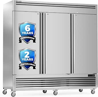 Coolski Commercial Freezer 82" W, 72 Cu.ft Stainless Steel Reach-In Upright Freezer, 3 Door, Auto-Defrost, 12 Adjustable Shelves, -13 to -5°F Temp Control, LED Light, 5 Wheels