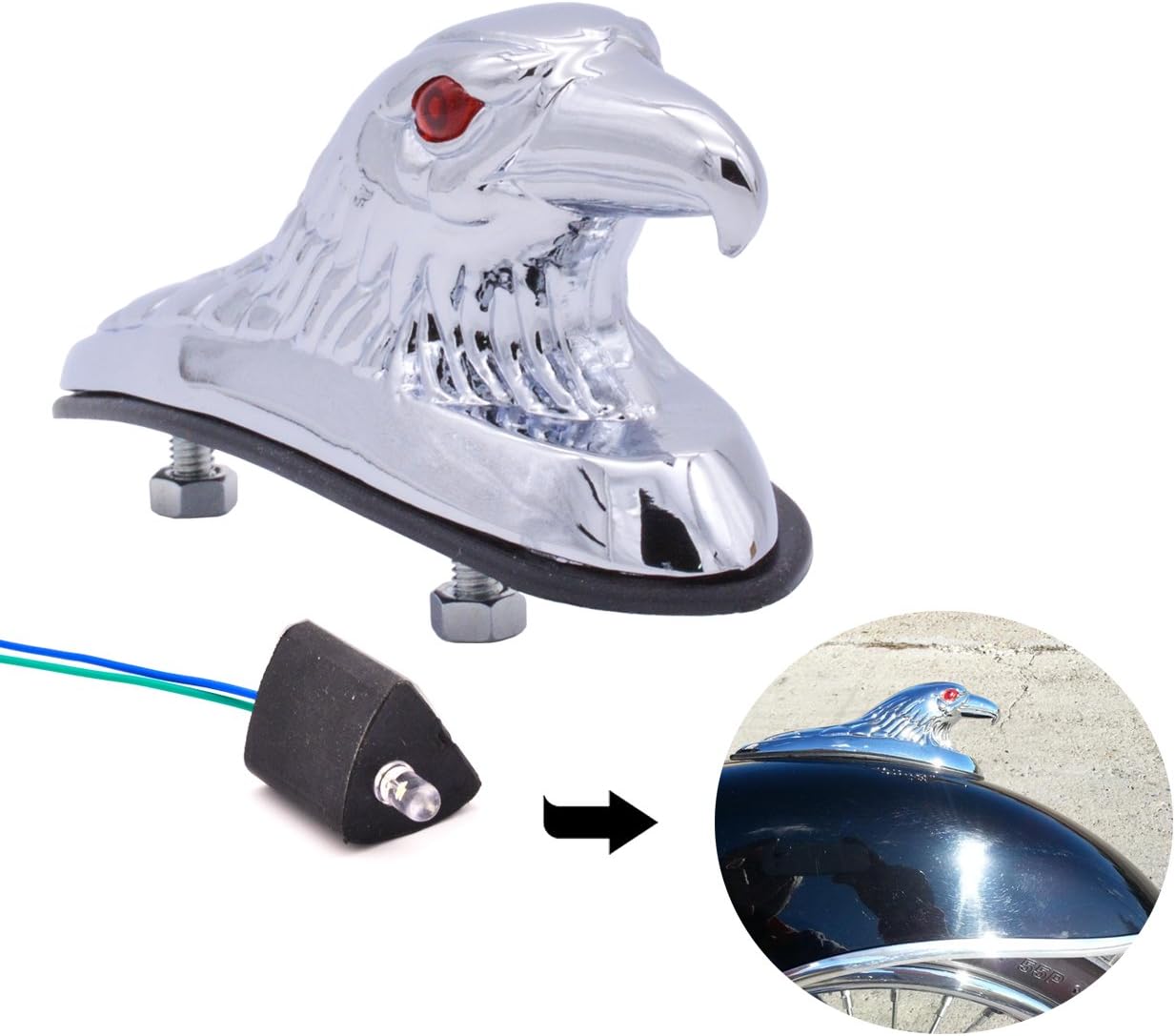 Motorcycle Eagle Head Ornament with Red Lighted Eyes Chrome Aluminum Stainless Statue Mount On Motorbike Front Fender Car Bonnet