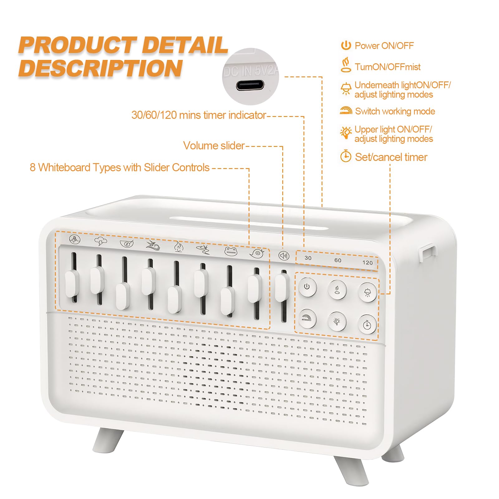 White Noise Night Light Humidifier, Bulora Sound Box White Noise Sound Machine mit 8 Umgebungsgeräuschen, Echo-Flammendiffusor, Bluetooth Lautsprecher, Sounds Machine for Zuhause