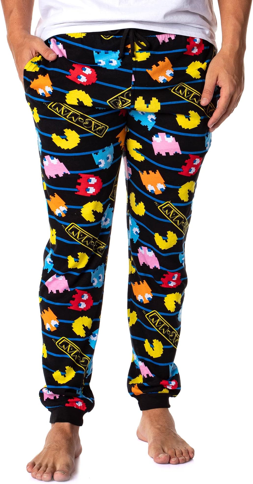 Pacman Men's Ghost Chase Allover Pattern Knit Jogger Pajama Pants
