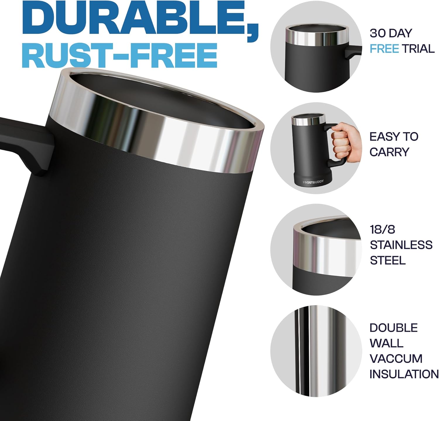 Frost Buddy Stein Buddy – 24oz Insulated Stainless Steel Beer Stein Mug with Handle – Keeps Beer Cold for Hours – Ideal for Tailgating, Parties, BBQs, and Gifts (White) - Image 2