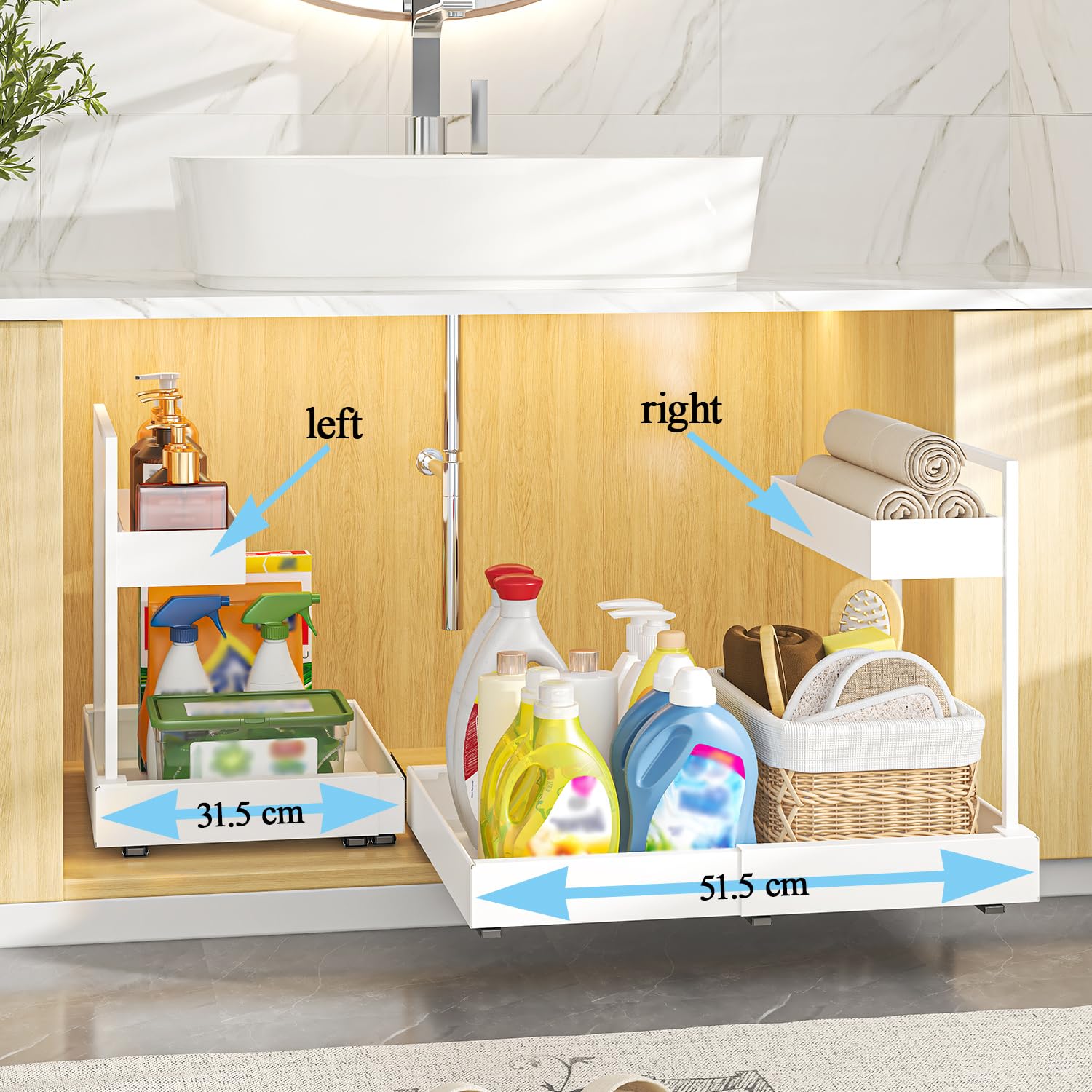 YunNasi Organizer Sottolavello Espandibile a 2 Livelli, Bianco | Cassetti e Cestelli Estraibili, Organizzatore Multiuso per Cucina, Bagno, Armadio, Credenza
