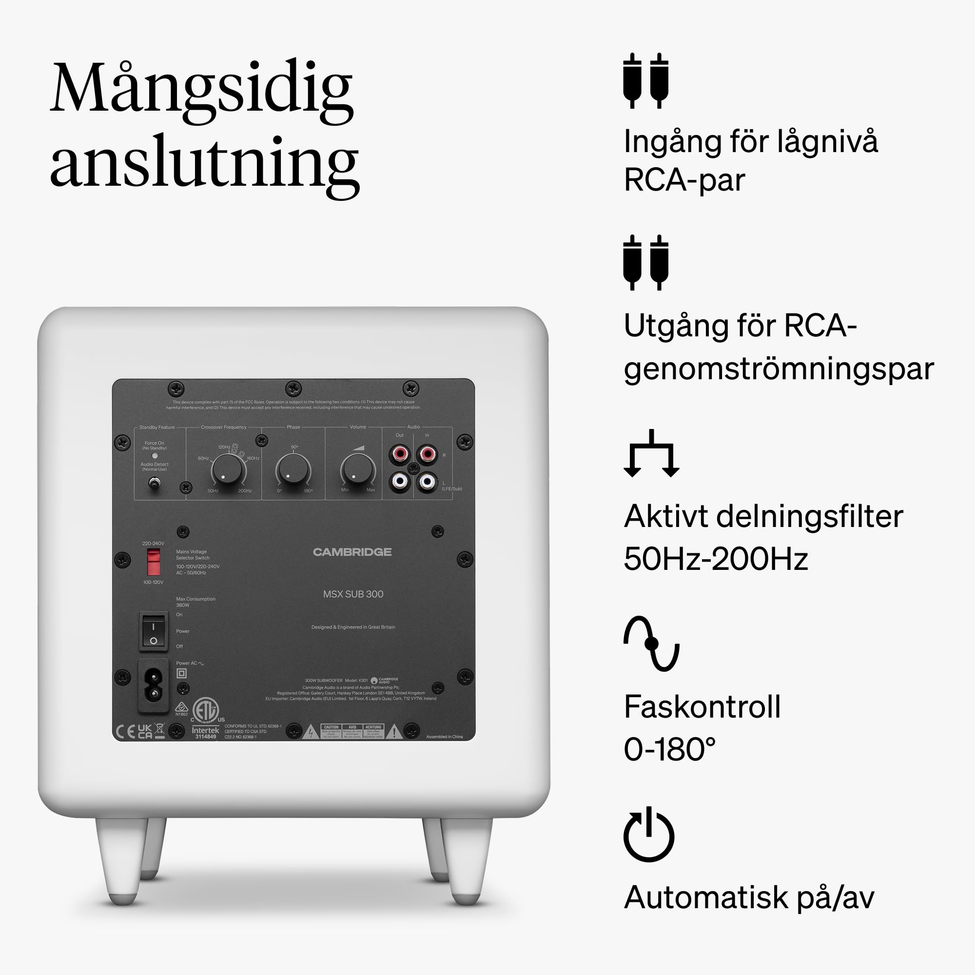 Cambridge Audio MSX Sub 300 - Subwoofer Activo 300W Potente Altavoz HiFi Graves con Doble Driver, Ajuste Frecuencia & Fase, Cine en Casa & Sistemas Estéreo – Blanco