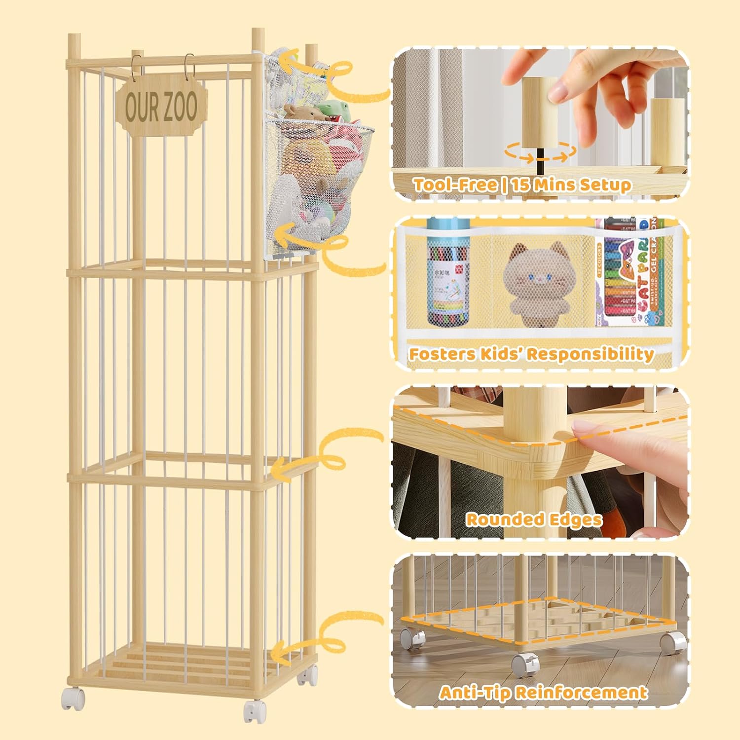 Stuffed Animal Storage, Wood Stuffed Animal Zoo with Wheels & Net, Toy Storage Organizer with Elastic Band, Large Capacity Toy Holder for Nursery, Playroom (3-Layers) - Image 3