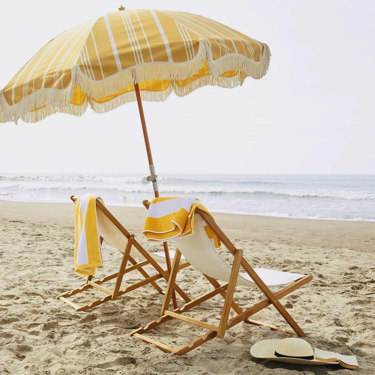Duży Parasol Plażowy 6,5 Stopy Z Frędzlami, Uchylny, Paskowany Parasol Tarasowy Z Drewnianym Drążkiem, Ochrona Uv, Przenośny, Ogrodowy, Z Frędzlami I Torbą Transportową