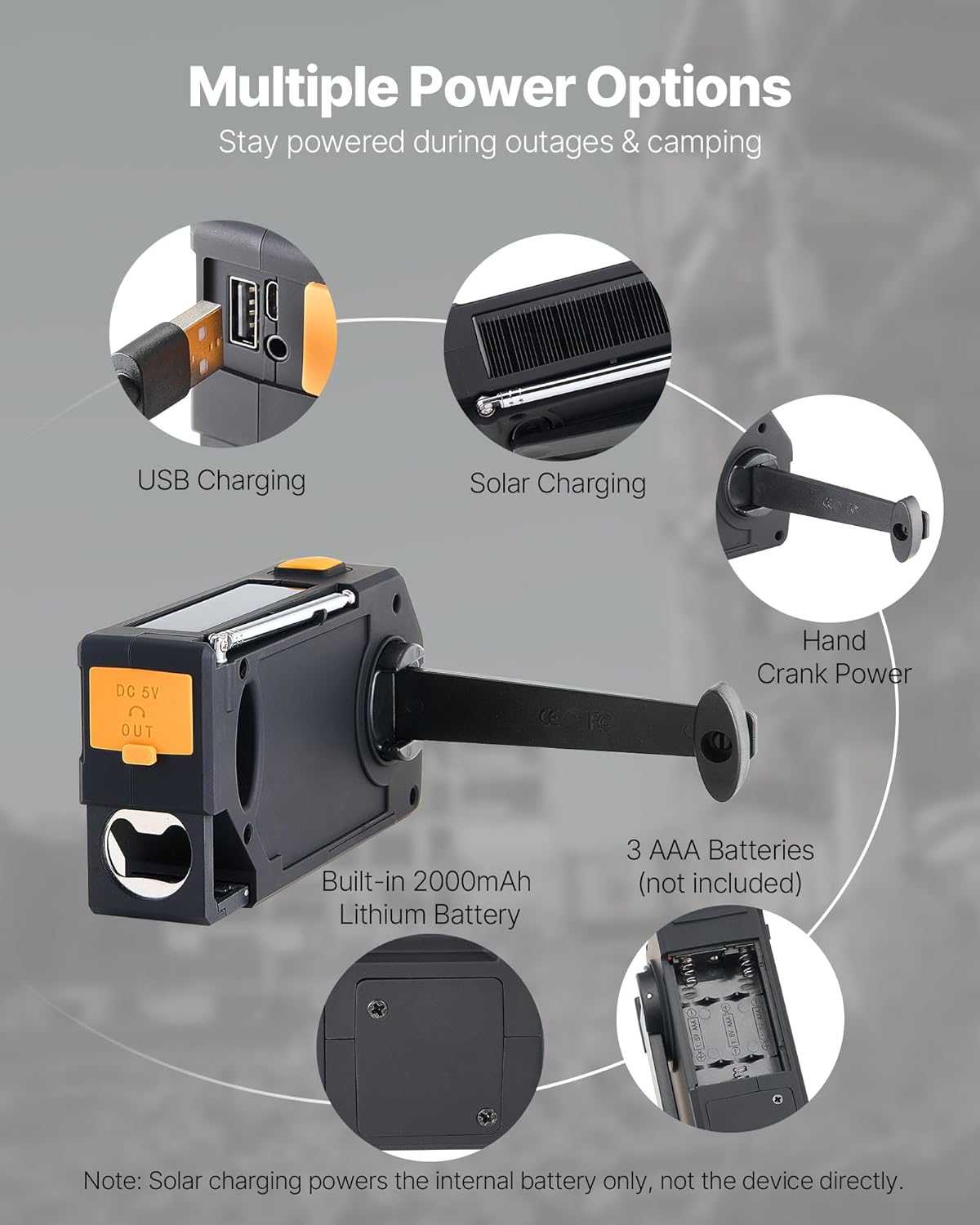 Diagram showing multiple power options for the VEVOR emergency radio: USB Charging, Solar Charging, Hand Crank Power, Built-in 2000mAh Lithium Battery, and 3 AAA Batteries (not included).