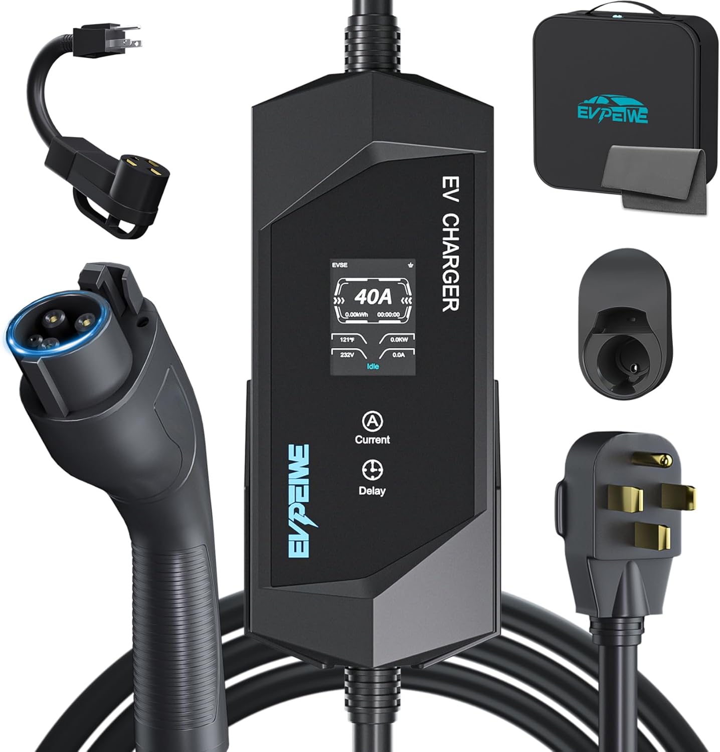 Level 1/2 EV Charger for SAE J1772, 40A 110-240V Portable EV Charger with NEMA 14-50/NEMA 5-15 Plug, 25ft Cable ETL Listed Electric Vehicle Charger for J1772 Electric Cars